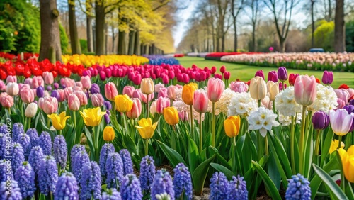 Spring in Netherlands: Vibrant Tulip, Hyacinth & Narcissus Flower Gardens - Blooming Close-Up Banner