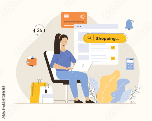 Shopping online. Woman choosing goods at store, ordering and paying online in mobile app. Flat vector illustration.