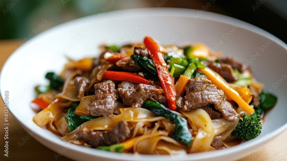 Delicious Pad See Ew featuring tender beef, colorful vegetables, and flavorful noodles, beautifully presented in minimalist design. Perfect for food lovers. Delicious Pad See Ew featuring tender beef, colorful vegetables, and flavorful noodles, beautifully presented in minimalist design. Perfect for food lovers.
