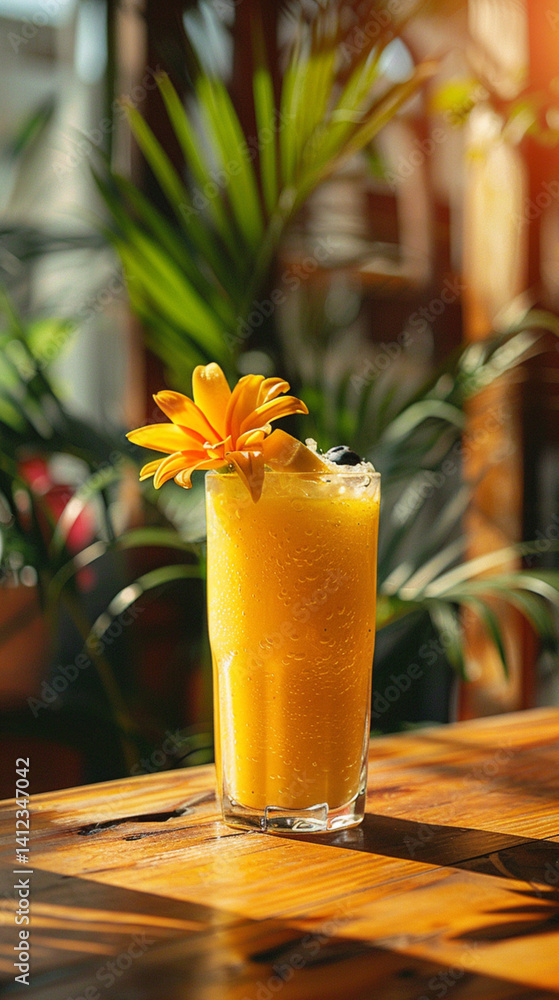 a vibrant tropical smoothie in a glass, bright yellow color, made with mango, banana, and orange juice, fresh fruit garnishes, glowing in sunlight on a wooden table, summer aesthetic