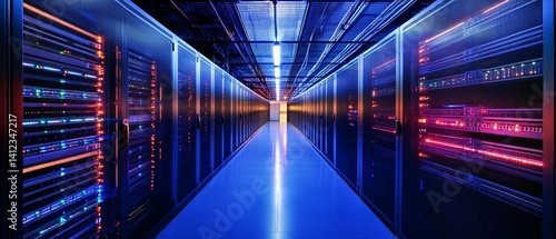 A server room with rows of computer servers and blue lighting.