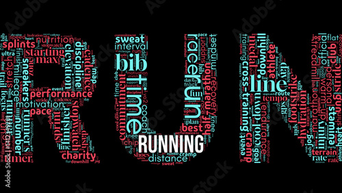 Motivational word cloud centered on "Run," featuring terms related to fitness, endurance, and an active lifestyle. Great for health, sports, and outdoor activity-themed visuals
