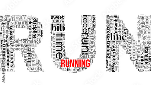 Motivational word cloud centered on "Run," featuring terms related to fitness, endurance, and an active lifestyle. Great for health, sports, and outdoor activity-themed visuals