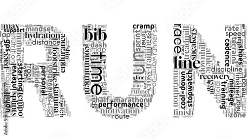 Motivational word cloud centered on "Run," featuring terms related to fitness, endurance, and an active lifestyle. Great for health, sports, and outdoor activity-themed visuals