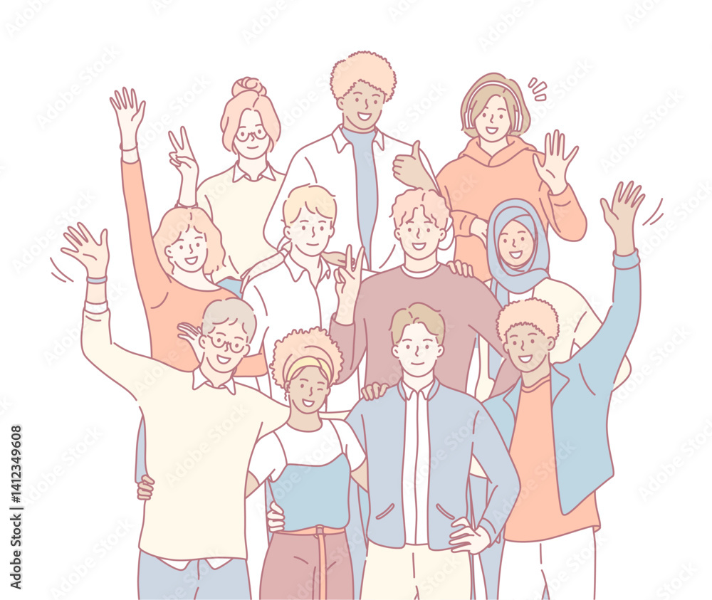 Obraz premium A vibrant and cheerful, diverse group of individuals are posing happily together, showcasing true unity and friendship