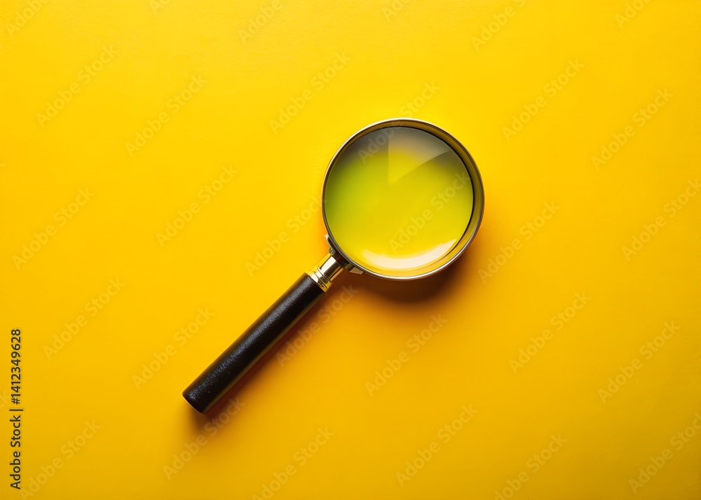 Magnifying Glass on Yellow Background – Flat lay Composition for Inspection, Focus, Research, and Analysis with Minimalist Design, Bright Contrast, Clarity, and Clean Aesthetic