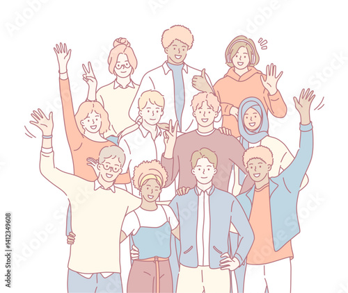 A vibrant and cheerful, diverse group of individuals are posing happily together, showcasing true unity and friendship