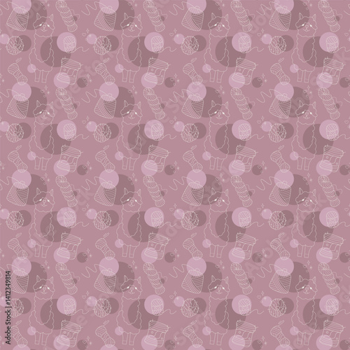 Seamless pattern with cute alpaca and skeins of yarn color. Illustration for your projects.