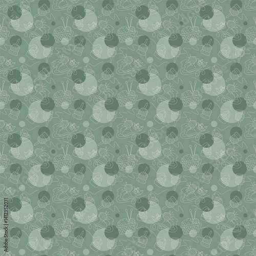Seamless pattern with cat, skeins of yarn and containers color. Illustration for your projects.