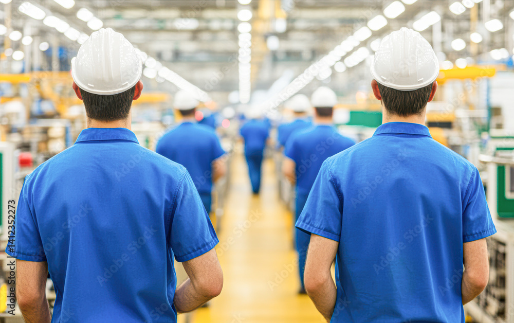 Two workers in blue uniforms and helmets face a factory assembly line filled with colleagues. Two workers in blue uniforms and helmets face a factory assembly line filled with colleagues.