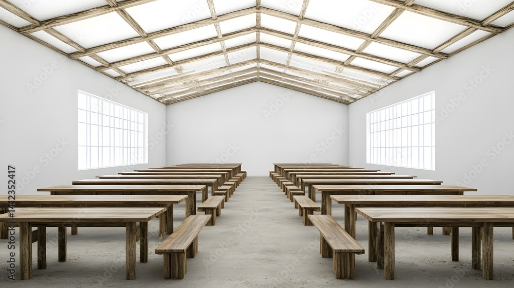 Fototapeta premium Long Wooden Tables in White Room with Wooden Beams