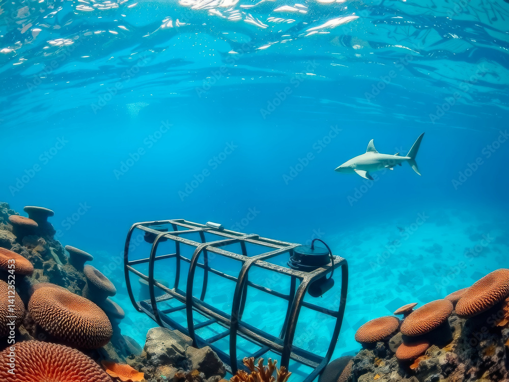 A shark is swimming in front of a cage. The cage is in the water and is surrounded by coral