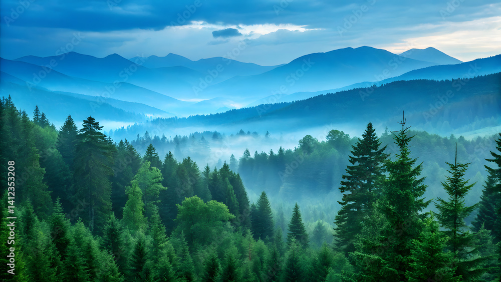 Misty Evergreen Forest and Distant Blue Mountains Misty Evergreen Forest and Distant Blue Mountains