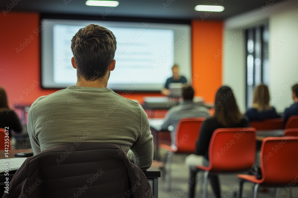 Man sits in a classroom with a group of people