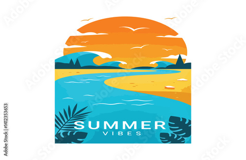 Vibrant tropical beach alive with warm summer sunset sky