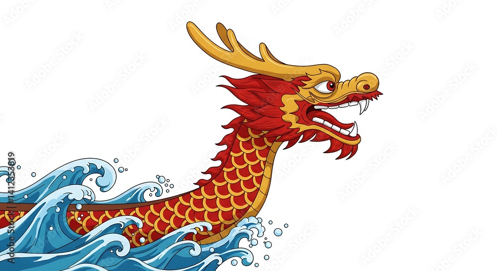 Naklejka premium Dragon Boat Festival (June 10)* Stylized dragon boat prow with flowing water lines. Red and gold accents, sharp geometric waves.
