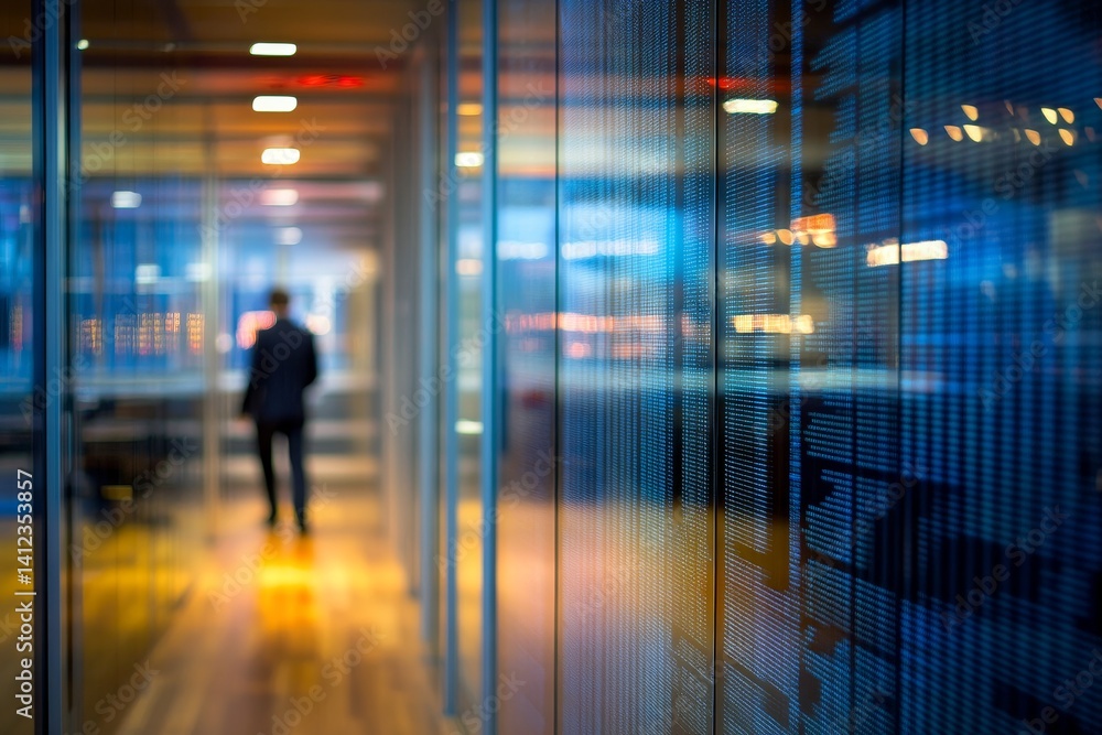 Man is walking down a hallway with a blue background