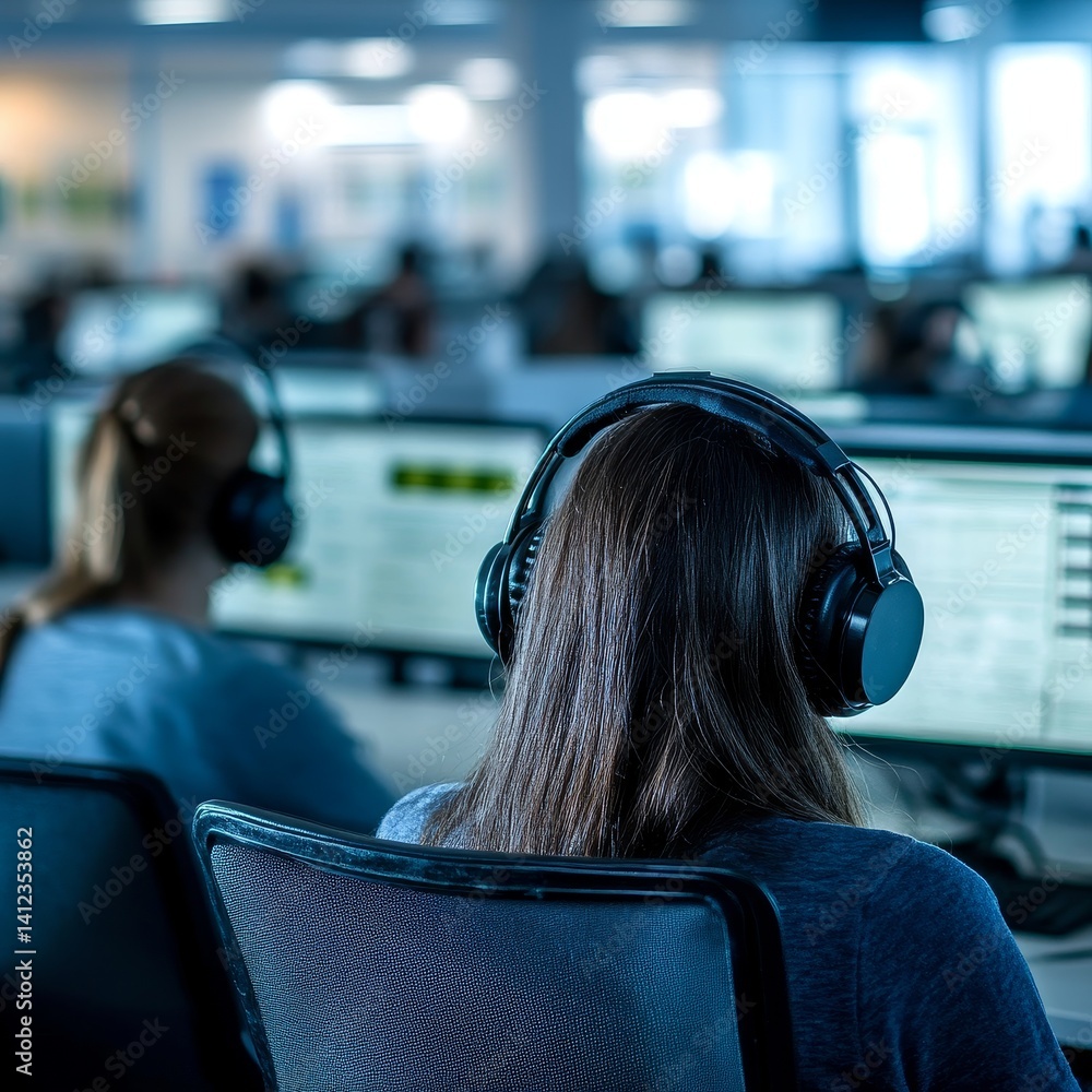 Woman wearing headphones is sitting in front of a computer