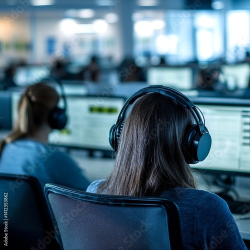 Obraz na płótnie Woman wearing headphones is sitting in front of a computer w salonie