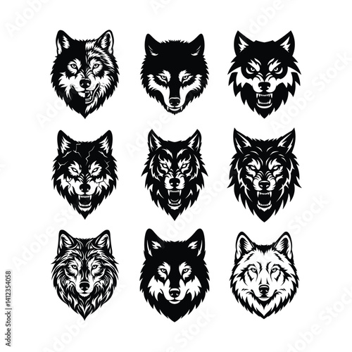 Wolf Head Silhouette Bundle | Black Tribal Wild Wolf Vector Clipart for T-shirt, Tattoo, Logo, and Sublimation Design .