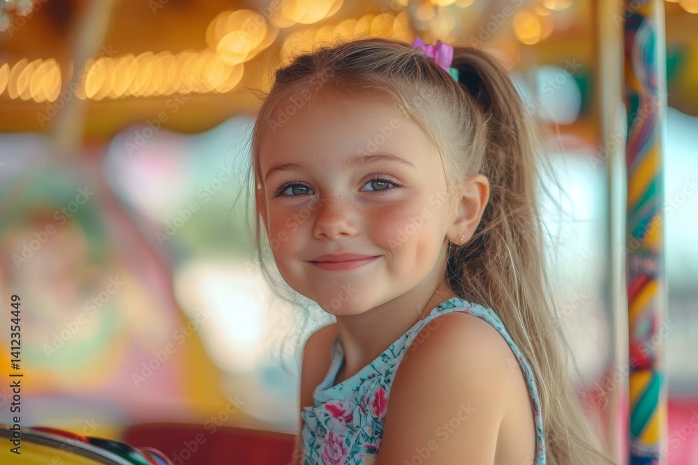 Young girl with long hair is smiling and sitting in a carousel