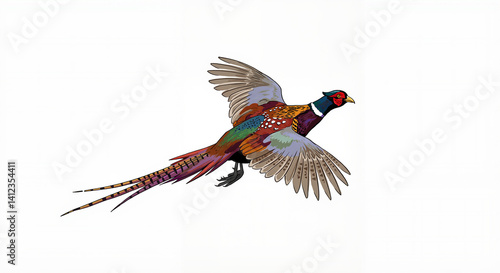 Colorful pheasant flying against a white background  