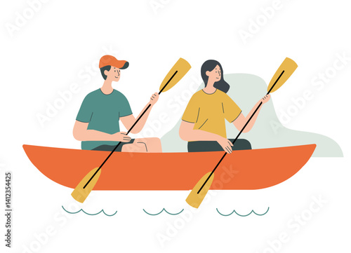 Young couple rafting, kayaking or canoeing. Backpacker man and woman travel and enjoy spending time on holiday vacation together