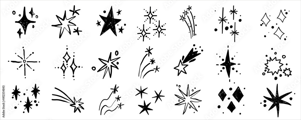 Naklejka premium Vector doodle star icons hand drawn elements. Chalk crayon sketch glitter design collection for christmas pattern. Falling twinkle star wish symbol.