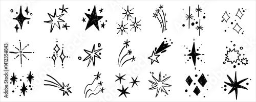 Vector doodle star icons hand drawn elements. Chalk crayon sketch glitter design collection for christmas pattern. Falling twinkle star wish symbol.