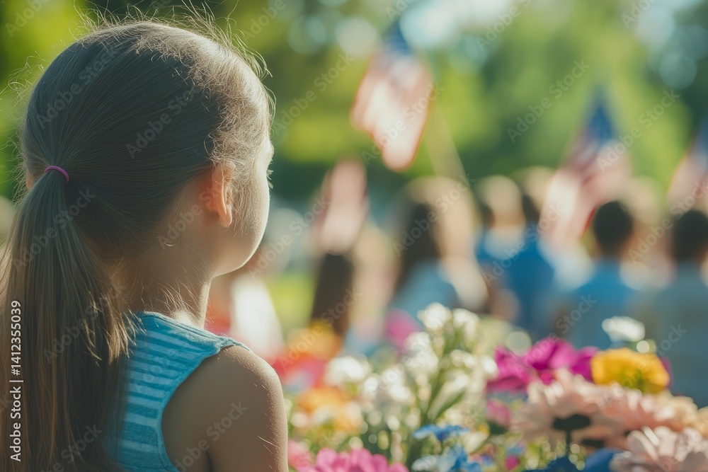 Young girl is sitting in a field of flowers
