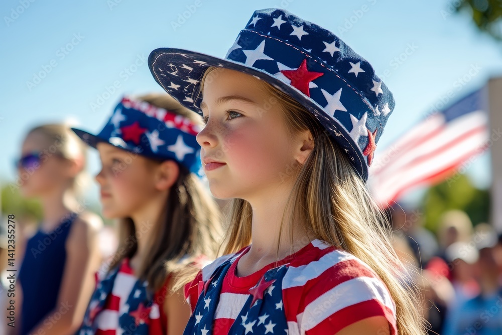 Girl wearing a red, white, and blue hat stands in front of a flag