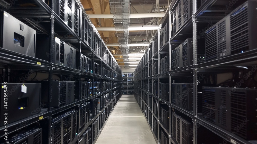 Rows of computer servers on shelves in a server room or data center. Rows of computer servers on shelves in a server room or data center.