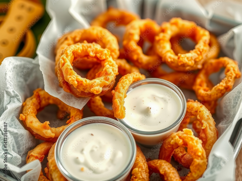 A basket of fried onion rings with two bowls of dipping sauce. Scene is casual and inviting, as the basket of onion rings