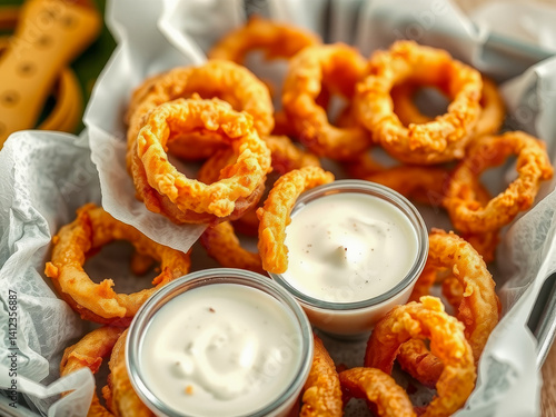 Obraz na płótnie A basket of fried onion rings with two bowls of dipping sauce. Scene is casual and inviting, as the basket of onion rings w salonie