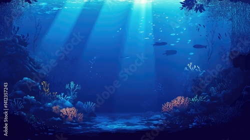 Wallpaper Mural Dark blue ocean surface seen from underwater with sunlight shining through, silhouette of coral reefs and fish Torontodigital.ca