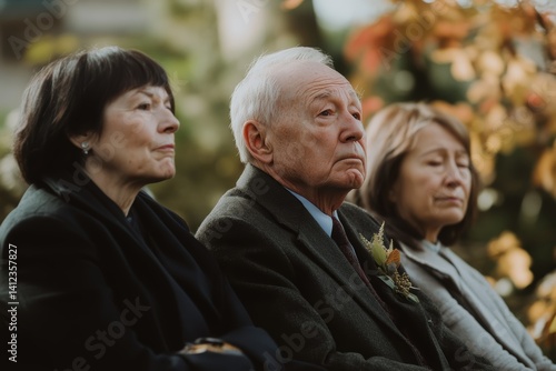Obraz na płótnie Three people are sitting on a bench, one of them is wearing a tie w salonie