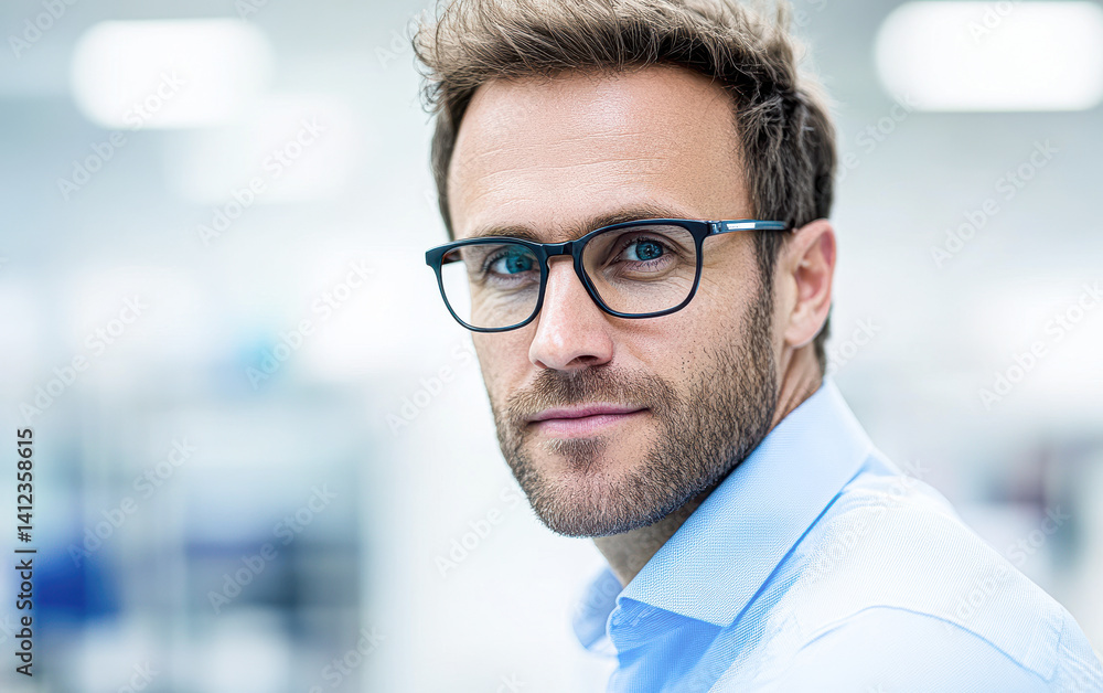 Obraz premium A serious young man with glasses looks confidently at the camera in a modern office setting.