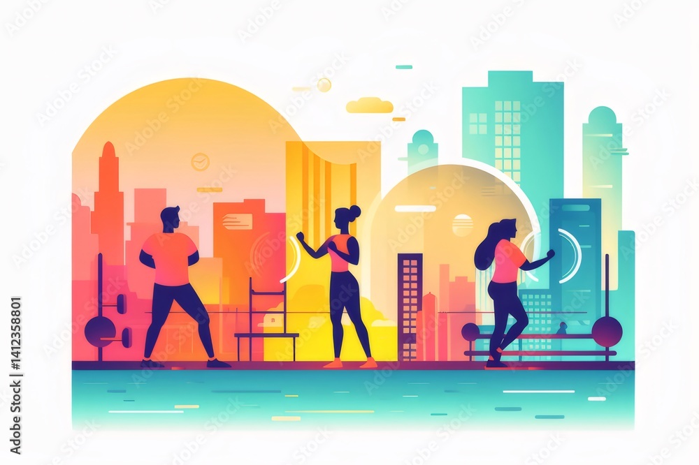 都市のスカイラインのシルエットに立つ人物のカラフルなイラスト 太陽の光と人々のシルエットが特徴 都市のスカイラインのシルエットに立つ人物のカラフルなイラスト 太陽の光と人々のシルエットが特徴