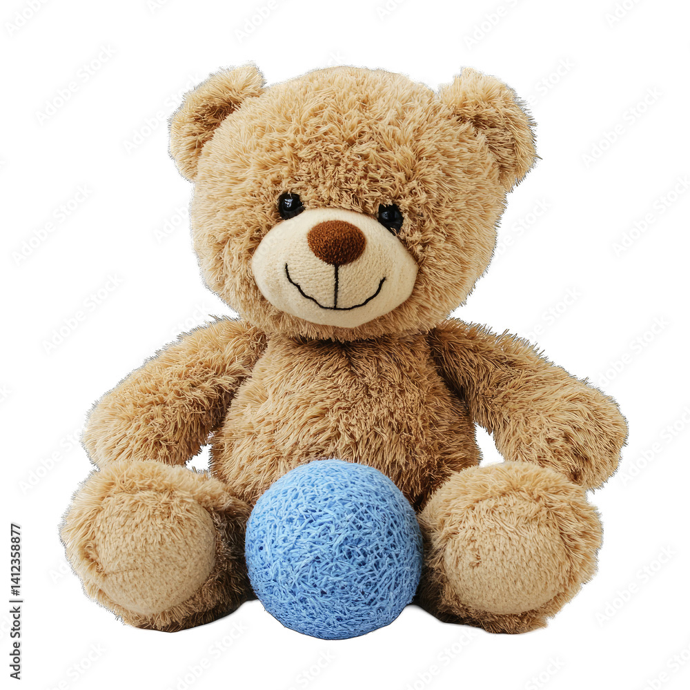 Fototapeta premium A fluffy teddy bear sitting with a blue string ball on a black background studio shot