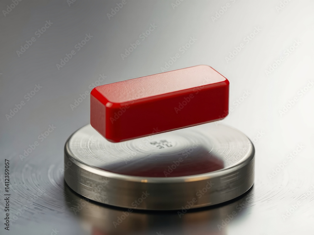 A small red block is sitting on top of a silver plate