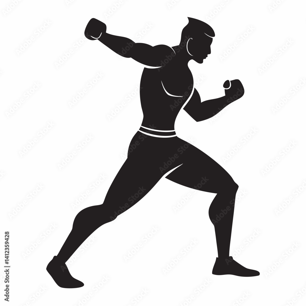 Vector silhouette of a male boxer in a fighting stance, muscular build, detailed posture with clenched fists raised, dynamic and powerful pose, facing forward or slightly sideways, minimalistic black Vector silhouette of a male boxer in a fighting stance, muscular build, detailed posture with clenched fists raised, dynamic and powerful pose, facing forward or slightly sideways, minimalistic black