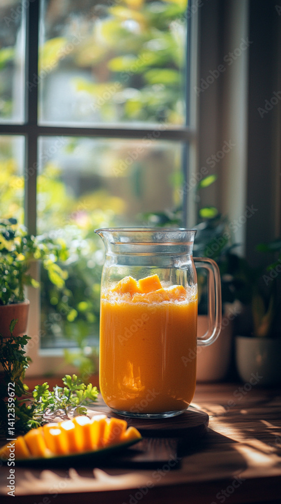 mango banana and orange juice to a blender, glowing in sunlight on a wooden table, summer aesthetic, minimal shadows, high detail, food photography