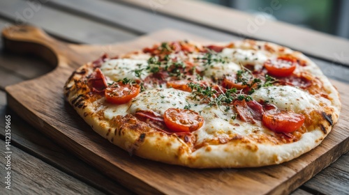 Traditional Italian pizza with melted mozzarella, a delicious culinary delight evoking rustic charm and comfort.