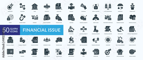 Financial issue icon collection set with asset management, quality control, budget planning, financial risk, taxation
