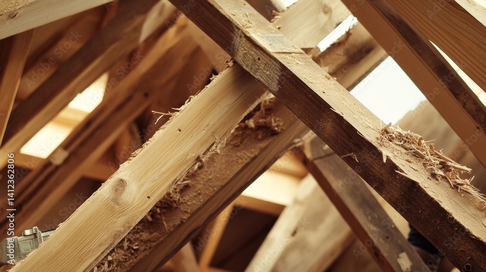 Carpenter assembling wooden beams for a house frame. Featuring craftsmanship and precision Carpenter assembling wooden beams for a house frame. Featuring craftsmanship and precision
