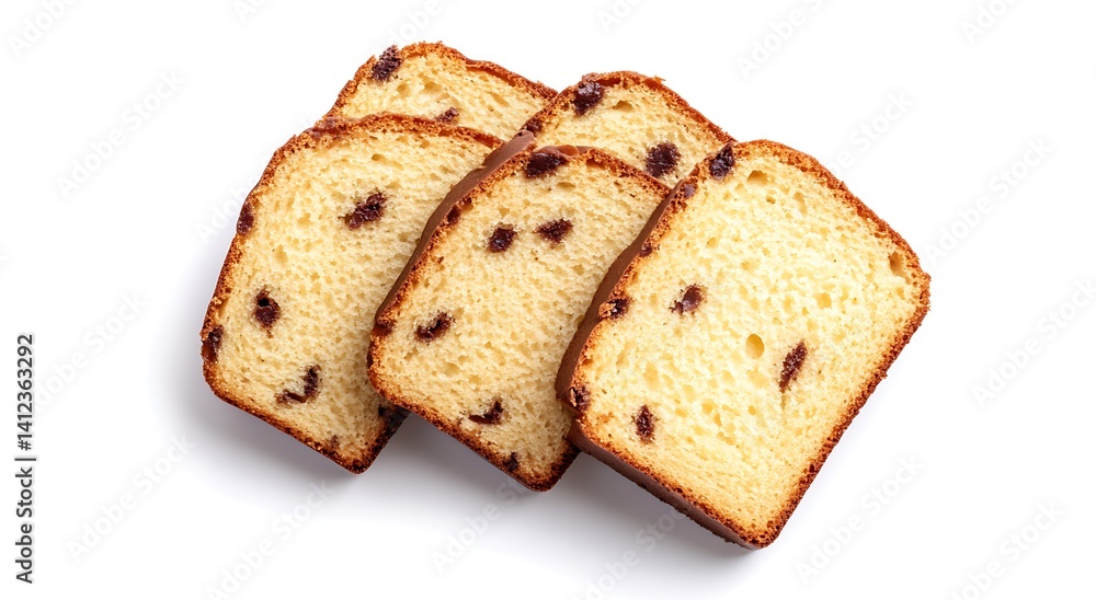 View of slices of loaf cake isolated on a white background View of slices of loaf cake isolated on a white background