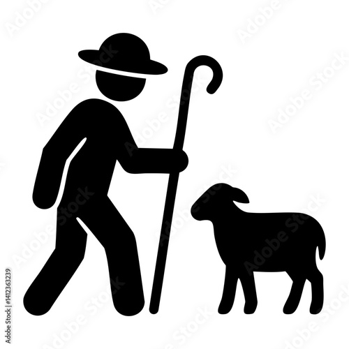 Silhouette icon of shepherd with sheep and staff