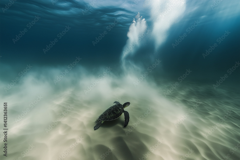 Fototapeta premium A photo of a majestic sea turtle swimming gracefully in the clear turquoise waters, showcasing its distinctive shell and smooth body shape. The water is crystal blue with gentle ripples around it