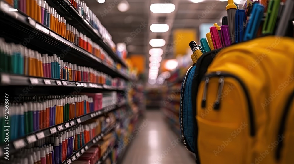 Obraz premium School supplies aisle, store, backpack, colorful pens and markers