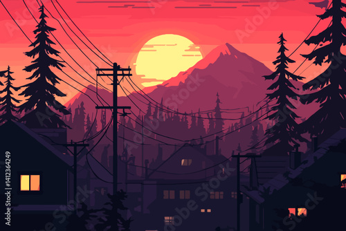 Power pole sunset landscape vector illustration 